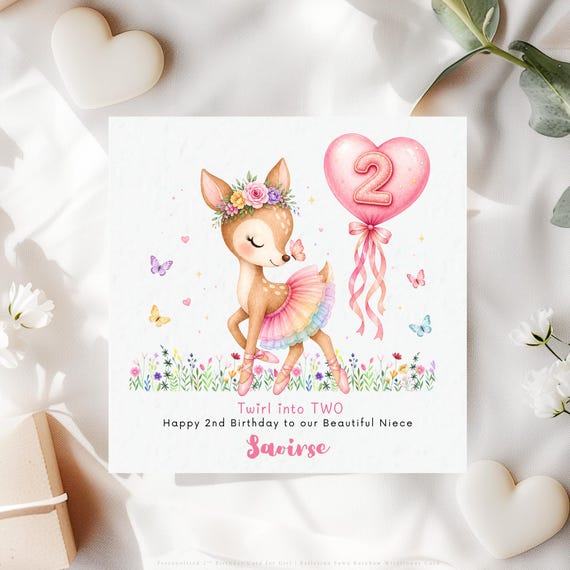 Personalised 2nd Birthday Card for Niece | Twirl Into Two Rainbow Ballet Deer Fawn Keepsake