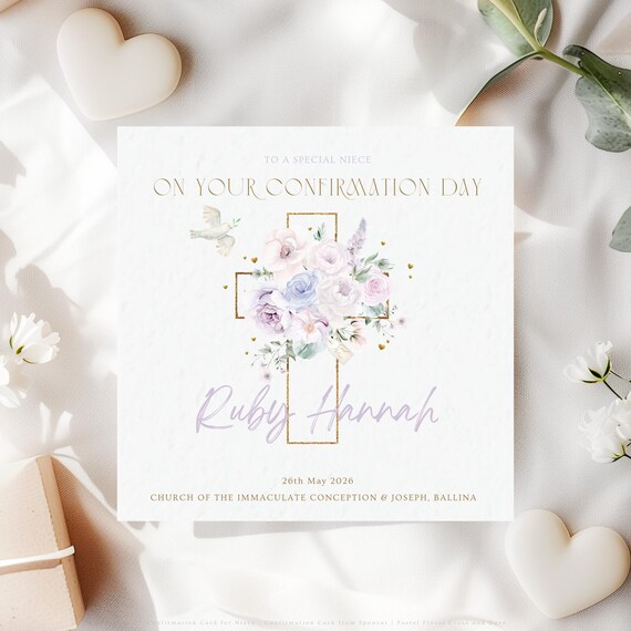 Personalised Confirmation Card for Niece | Floral Cross Catholic Confirmation Keepsake