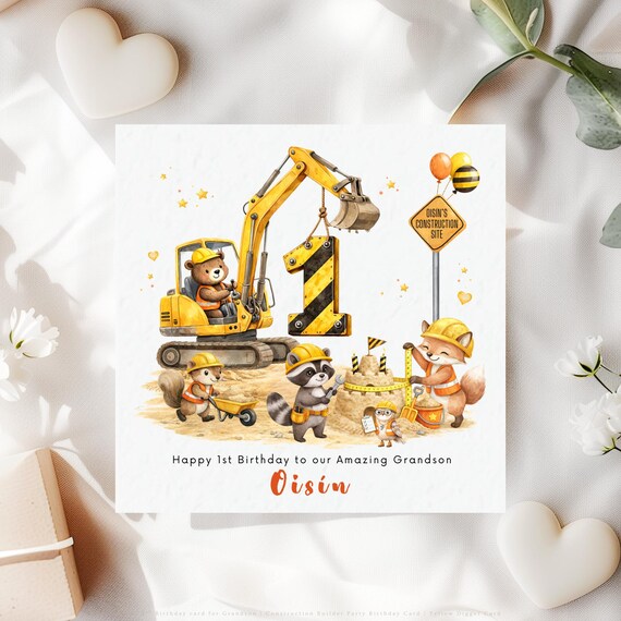 Personalised 1st Birthday Card for Grandson | Construction Digger Card Age 1 Boy