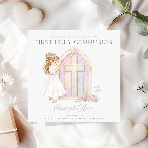 First Holy Communion Card for Daughter | Personalised Catholic Stained Glass Church Window Religious Keepsake