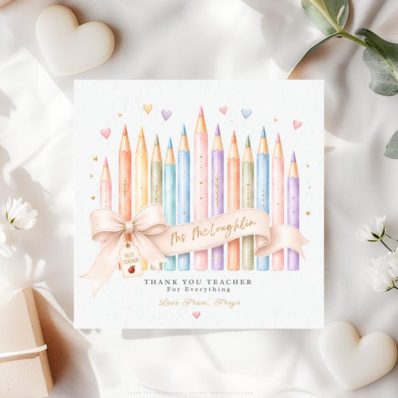 Personalised Thank You Teacher Card, Pencil Design, End of School Year Keepsake from Child