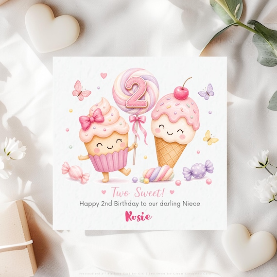 Personalised 2nd Birthday Card for Niece | Two Sweet Cupcake Ice Cream Keepsake
