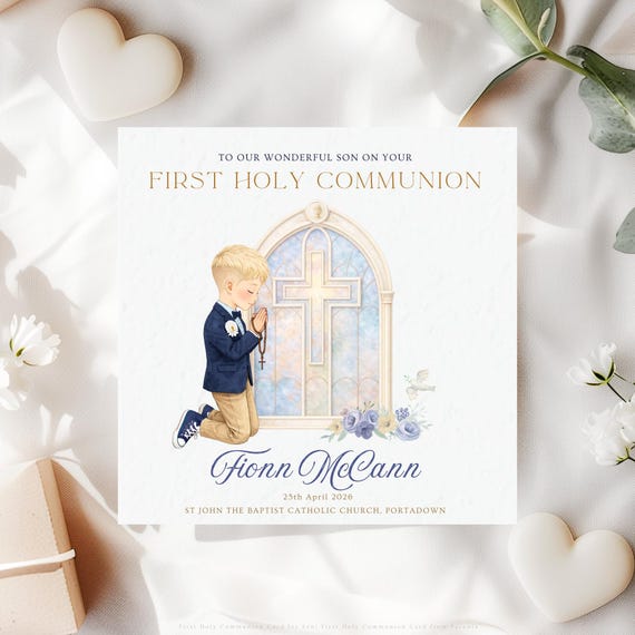Personalised First Holy Communion Card for Son, Catholic Communion Keepsake from Parents