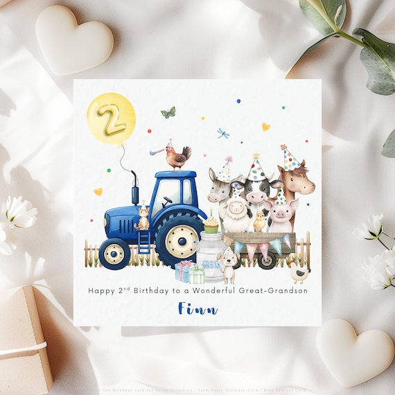 Personalised 2nd Birthday Card for Grandson | Blue Tractor Farm Animal Party Keepsake