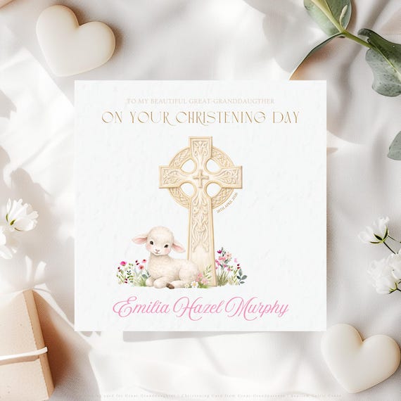 Christening Card for Great-Granddaughter | Personalised Celtic Cross Lamb Keepsake