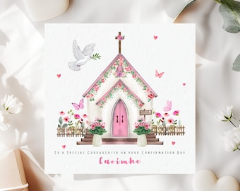 Gepersonaliseerde bevestigingskaart voor peetdochter | Katholieke bloemen roze kerkbevestiging aandenken