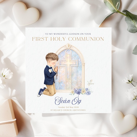 Personalised First Holy Communion Card for Godson, Catholic Communion Keepsake from Godparent