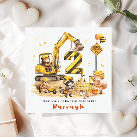 Personalised 2nd Birthday Card for Boy | Construction Digger Woodland Animal Party Keepsake