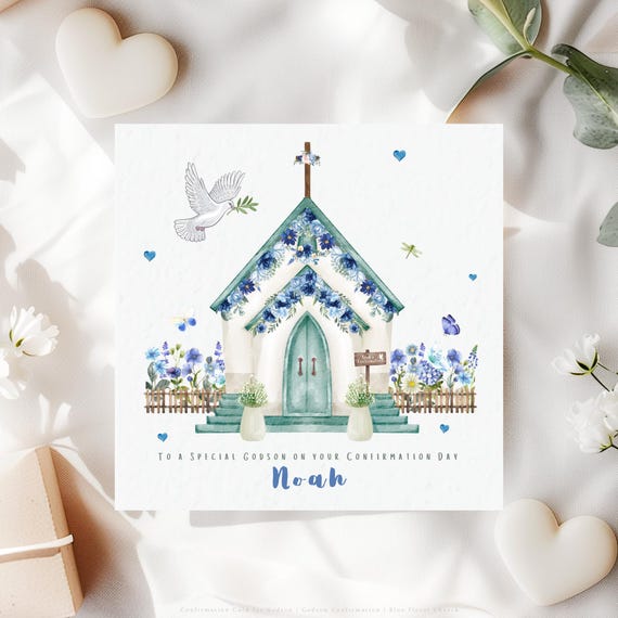 Personalised Confirmation Card for Godson | Catholic Floral Blue Church Confirmation Keepsake