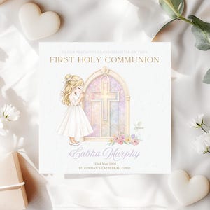 May include: A First Holy Communion card featuring a watercolour illustration of a girl in a white dress praying. The card has the text "TO OUR PRECIOUS GRANDDAUGHTER ON YOUR FIRST HOLY COMMUNION" and the name "Eabha Murphy". The date is 23rd May 2026.