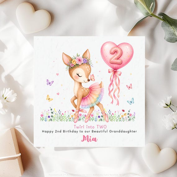 Personalised 2nd Birthday Card for Granddaughter | Twirl Into Two Rainbow Ballet Deer Fawn Keepsake