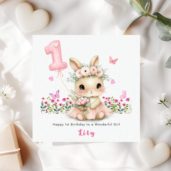 Personalised 1st Birthday Card for Girl | Bunny Wildflower Keepsake | Some Bunny is One