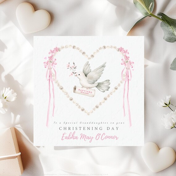 Christening Card for Granddaughter Personalised Dove Heart Keepsake