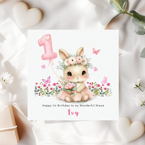 Personalised 1st Birthday Card for Niece | Bunny Wildflower Keepsake | Some Bunny is One