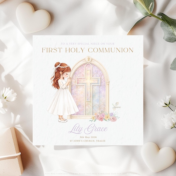 First Holy Communion Card for Niece | Personalised Catholic Stained Glass Church Window Religious Keepsake