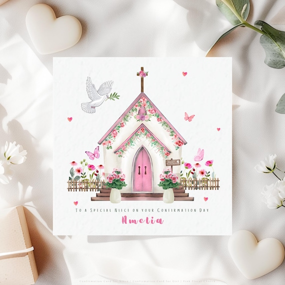 Personalised Confirmation Card for Niece | Catholic Floral Pink Church Confirmation Keepsake