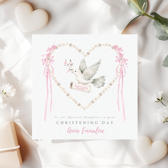 Christening Card for Daughter Personalised Dove Heart Keepsake