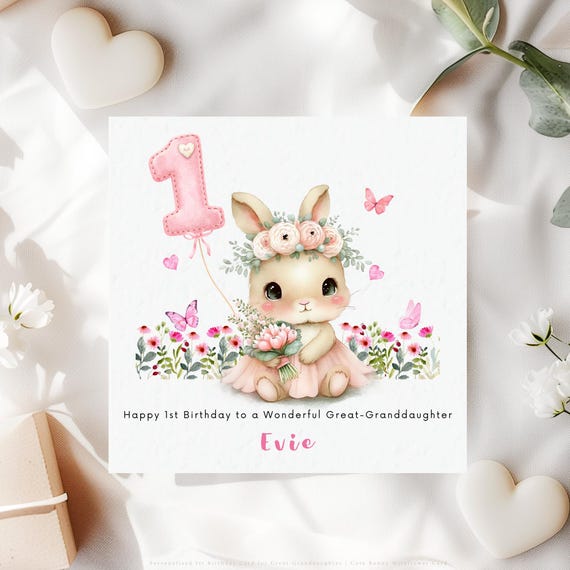Personalised 1st Birthday Card for Great-Granddaughter | Bunny Wildflower Keepsake | Some Bunny is One