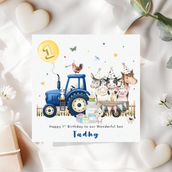 Personalised 1st Birthday Card for Son | Blue Tractor Farm Animal Party Keepsake