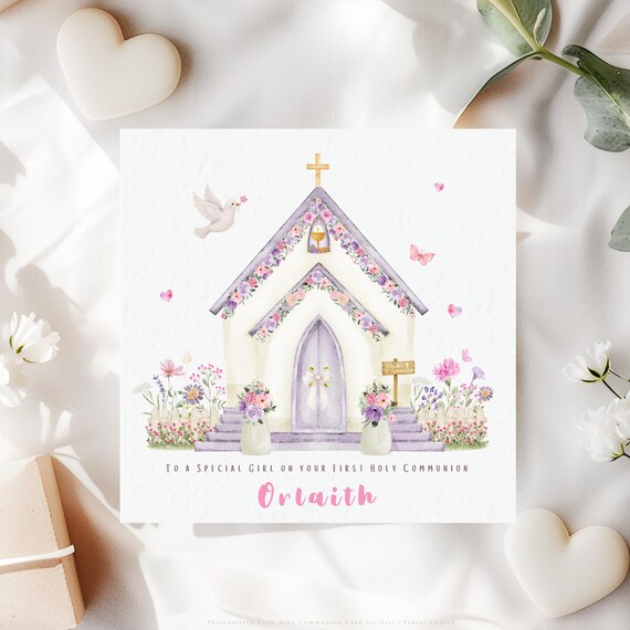 Personalised First Holy Communion Card for Girl | Wildflower Catholic Floral Church Keepsake