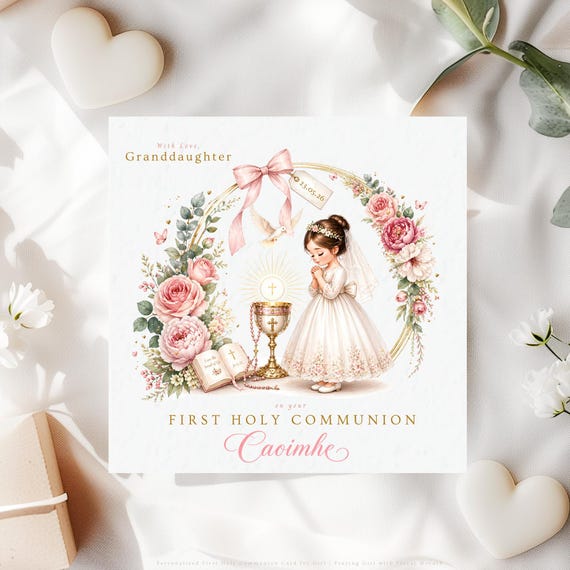 Personalised First Holy Communion Card Granddaughter | Custom Hair Colour Girl Religious Keepsake