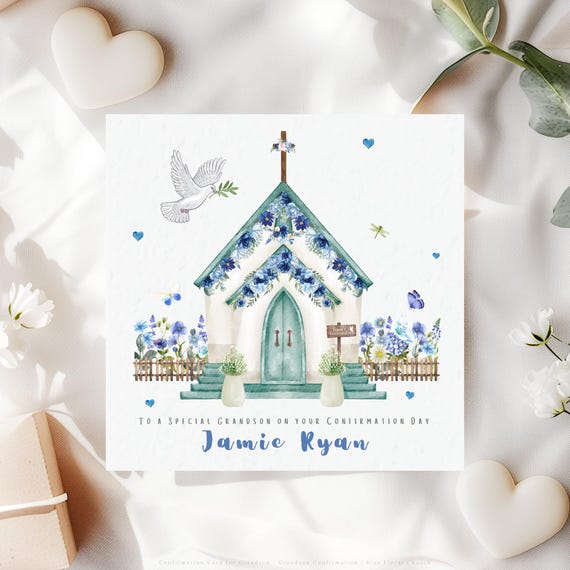 Personalised Confirmation Card for Grandson | Catholic Floral Blue Church Confirmation Keepsake