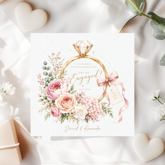 Personalised Engagement Card for Son and Future Daughter-in-Law | Couple Names Floral Engagement Ring Keepsake