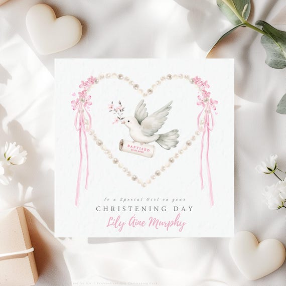 Christening Card for Girl Personalised Dove Heart Keepsake