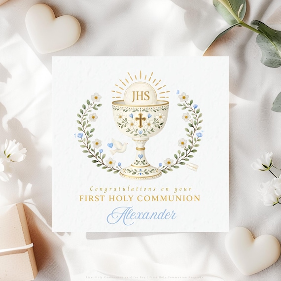 First Holy Communion Card for Boy | Personalised Catholic Chalice Religious Keepsake