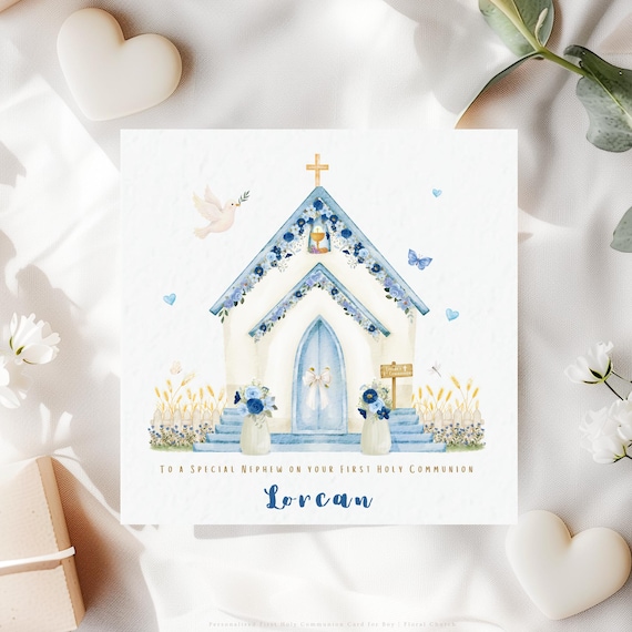 Personalised First Holy Communion Card for Nephew | Blue Floral Church Keepsake