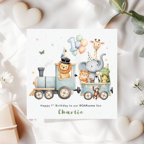 Personalised 1st Birthday Card for Son | Safari Animals Train Zoo Party Keepsake