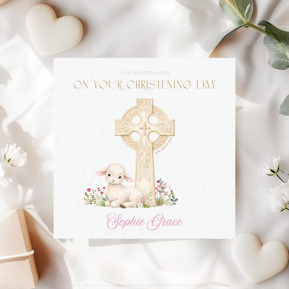 Christening Card for Girl | Personalised Celtic Cross Lamb Keepsake