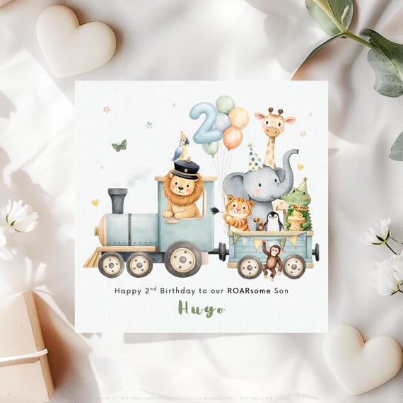 Personalised 2nd Birthday Card for Son | Safari Animals Train Zoo Party Keepsake