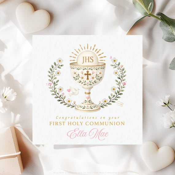 First Holy Communion Card for Girl | Personalised Catholic Chalice Religious Keepsake