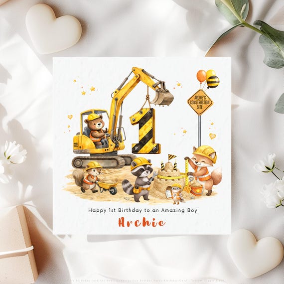 Personalised 1st Birthday Card for Boy | Construction Digger Woodland Animal Party Keepsake