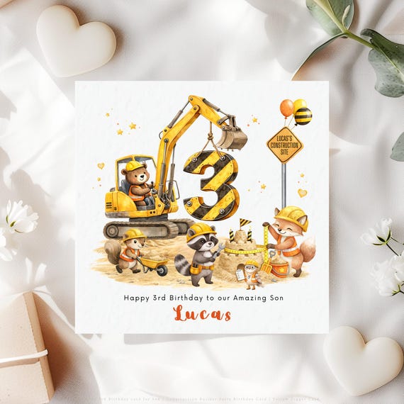Personalised 3rd Birthday Card for Son | Construction Digger Card Age 3 Boy