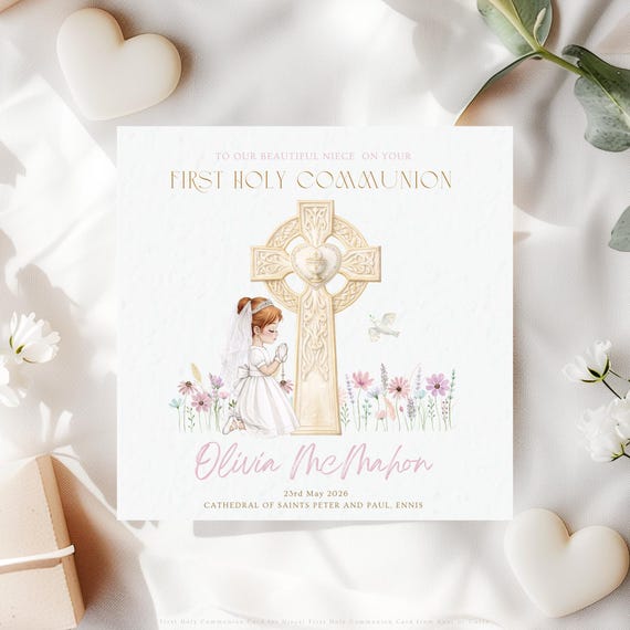 Personalised First Holy Communion Card for Niece | Irish Celtic Cross Religious Keepsake