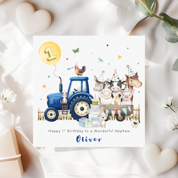 Personalised 1st Birthday Card for Nephew | Blue Tractor Farm Animal Party Keepsake