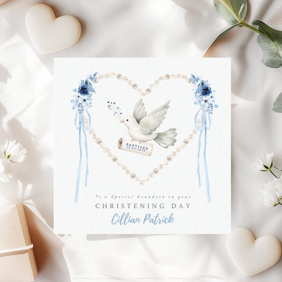 Christening Card for Grandson Personalised Dove Heart Keepsake