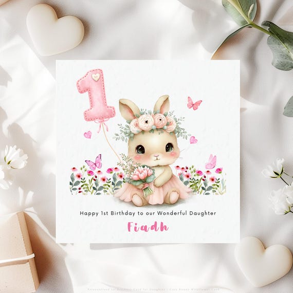 Personalised 1st Birthday Card for Daughter | Bunny Wildflower Keepsake | Some Bunny is One