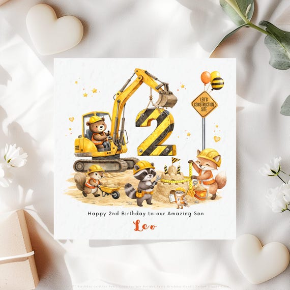 Personalised 2nd Birthday Card for Son | Construction Digger Card Age 2 Boy