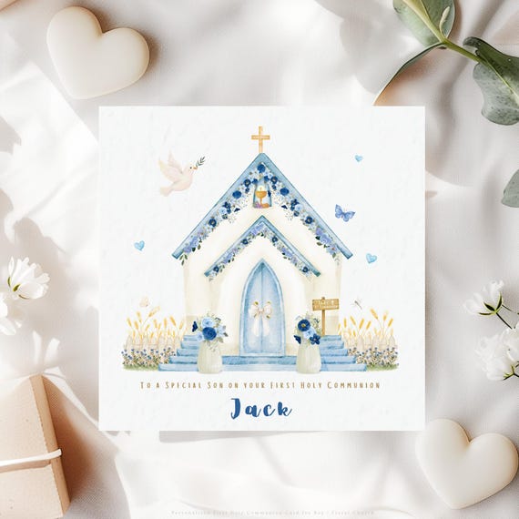 Personalised First Holy Communion Card for Son | Blue Floral Church Keepsake