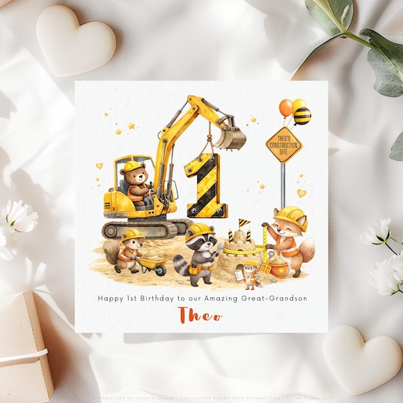 Personalised 1st Birthday Card for Great-Grandson | Construction Digger Card Age 1 Boy
