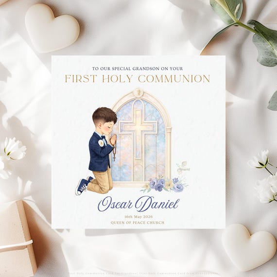 Personalised First Holy Communion Card for Grandson, Catholic Communion Keepsake from Grandparents