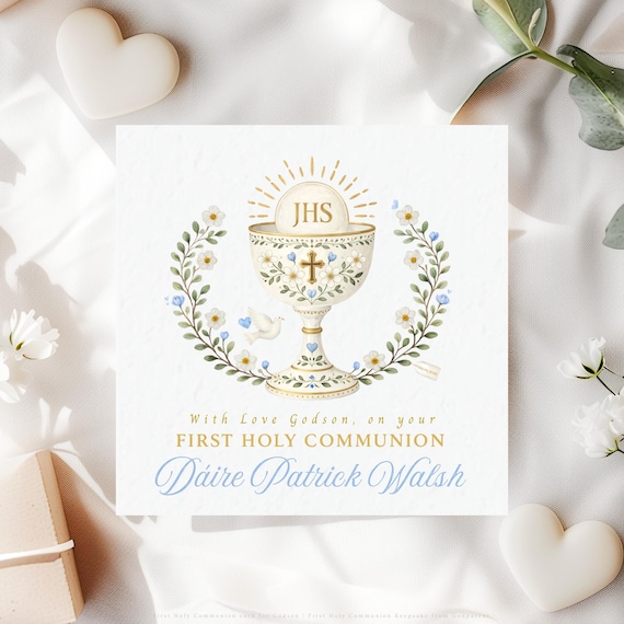 First Holy Communion Card for Godson | Personalised Catholic Chalice Religious Keepsake
