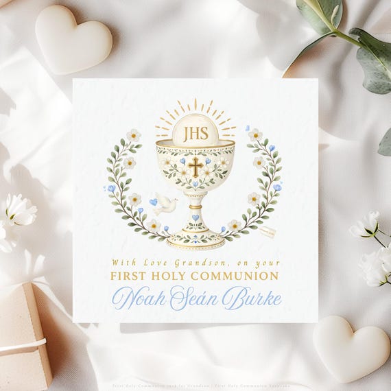 First Holy Communion Card for Grandson | Personalised Catholic Chalice Religious Keepsake