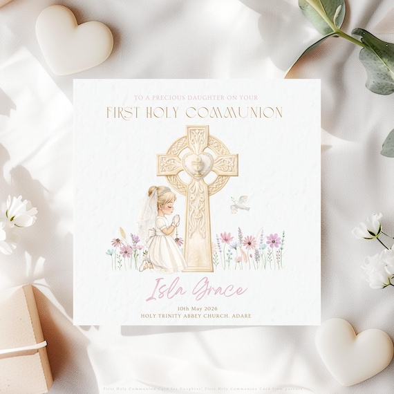 Personalised First Holy Communion Card for Daughter | Irish Celtic Cross Religious Keepsake