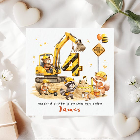 Personalised 4th Birthday Card for Grandson | Construction Digger Card Age 4 Boy