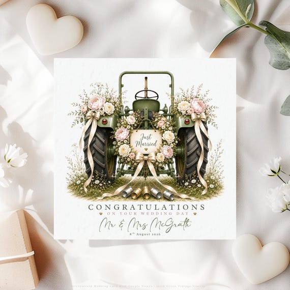 Personalised Mr & Mrs Wedding Card | Vintage Green Tractor, Florals, Irish Farm Keepsake