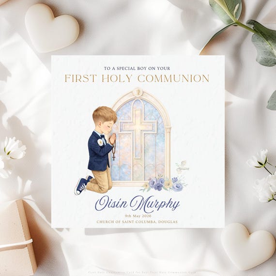 Personalised First Holy Communion Card for Boy Catholic Communion Keepsake Custom Relation